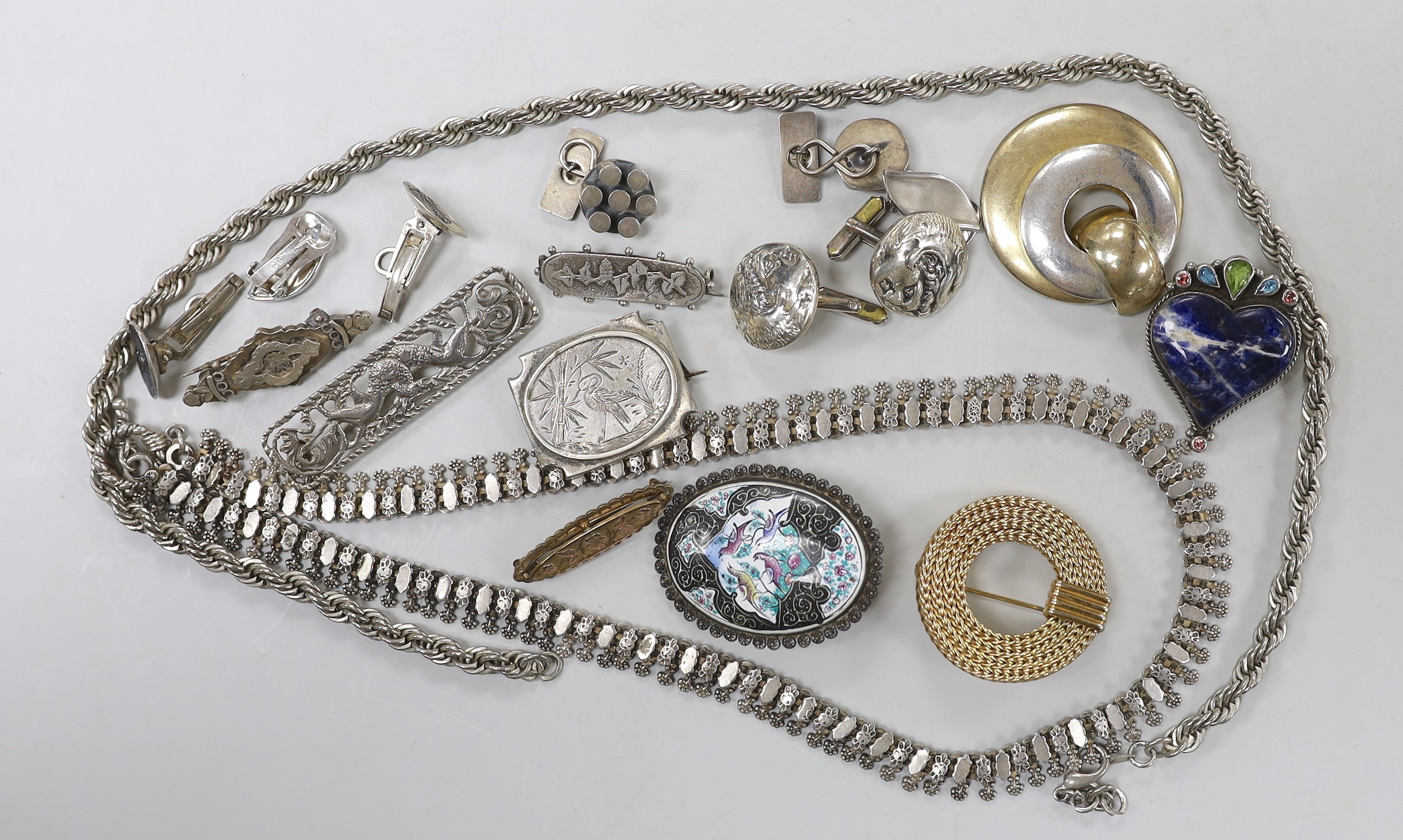 Sundry jewellery including a pair of 925 cufflinks, a Christian Dior two colour pendant?, Victorian silver brooch and sterling brooches including D.M. Lee.